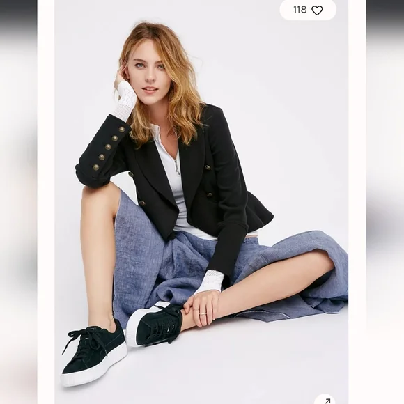 Free people sm black Flared and Femme Jacket blazer military style crop ruffle - Picture 2 of 11